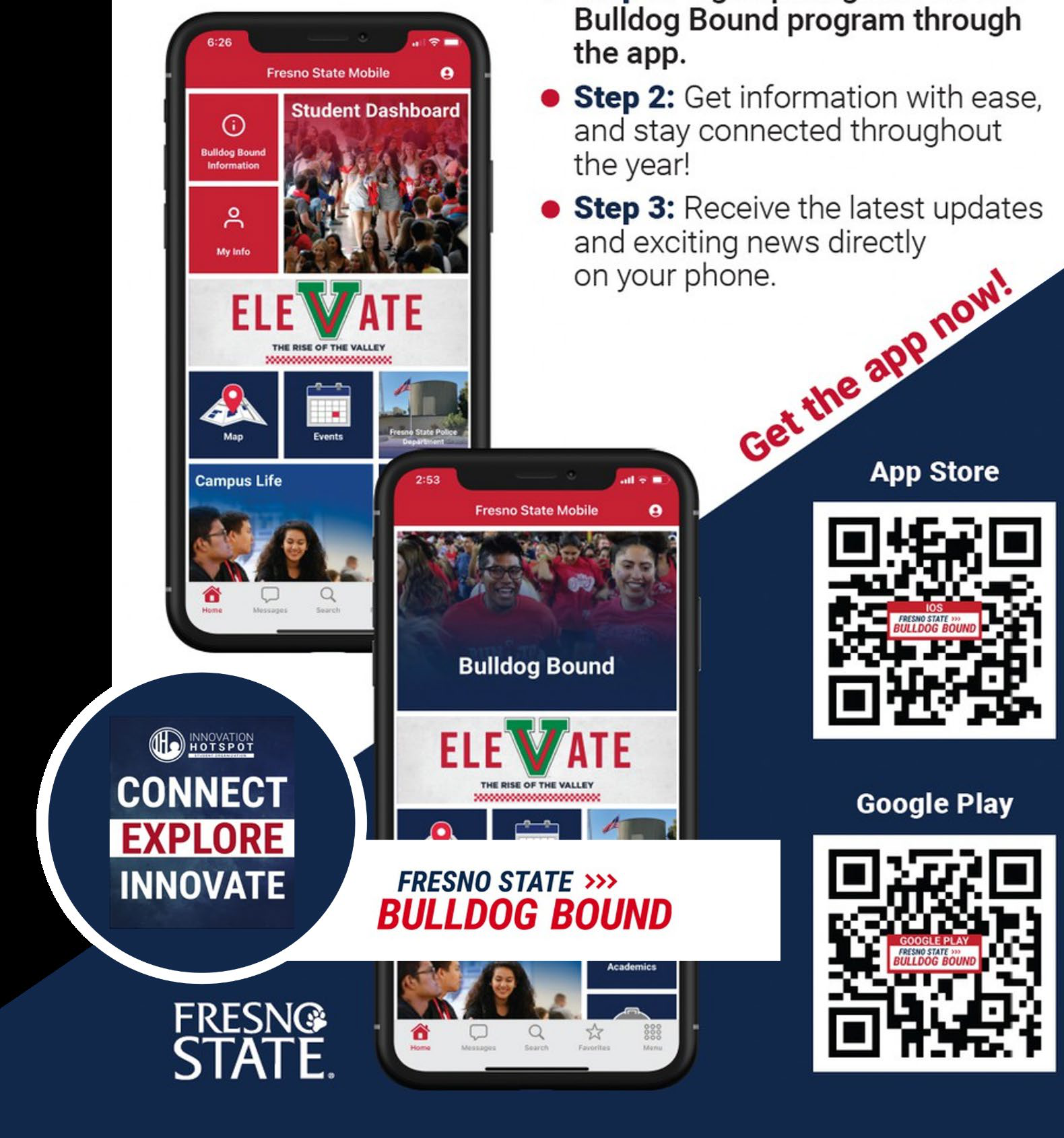 Bulldog Bound mobile app promotion with App Store and Google Play QR codes
