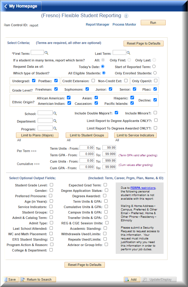 PeopleSoft Flexible Student Reporting criteria page