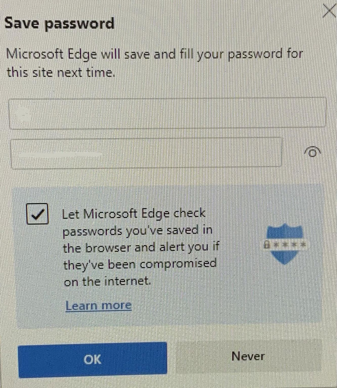 Save password option on Microsoft Edge with options stating "ok" or "never"