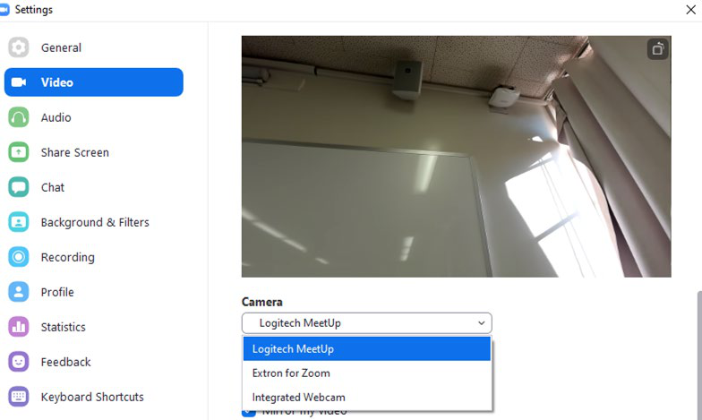 Zoom video settings showing Logitech Meetup camera