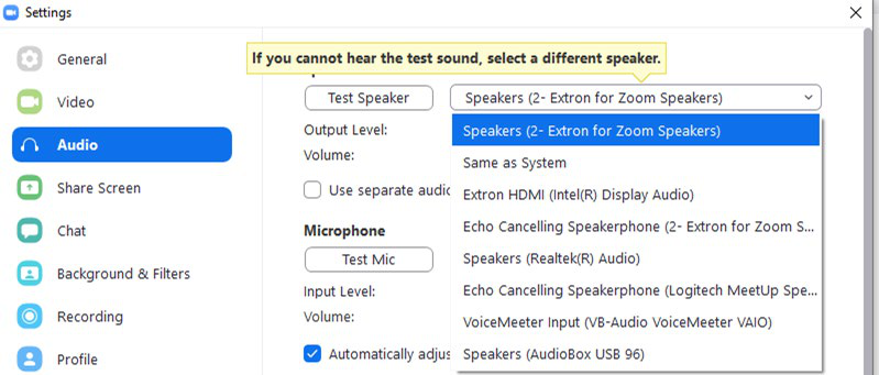 Zoom audio settings showing Extron for Zoom Speakers