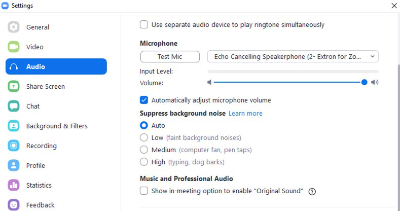 Zoom audio settings with Original Sound option