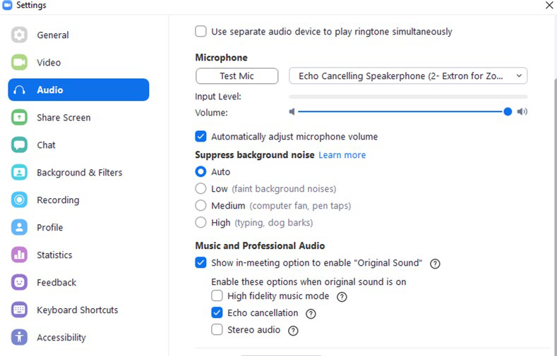 Zoom audio settings with Original Sound enabled