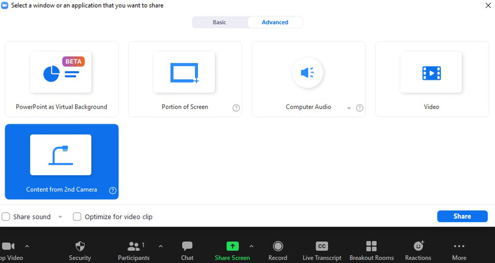 Zoom share screen window with Content of Second Camera selected