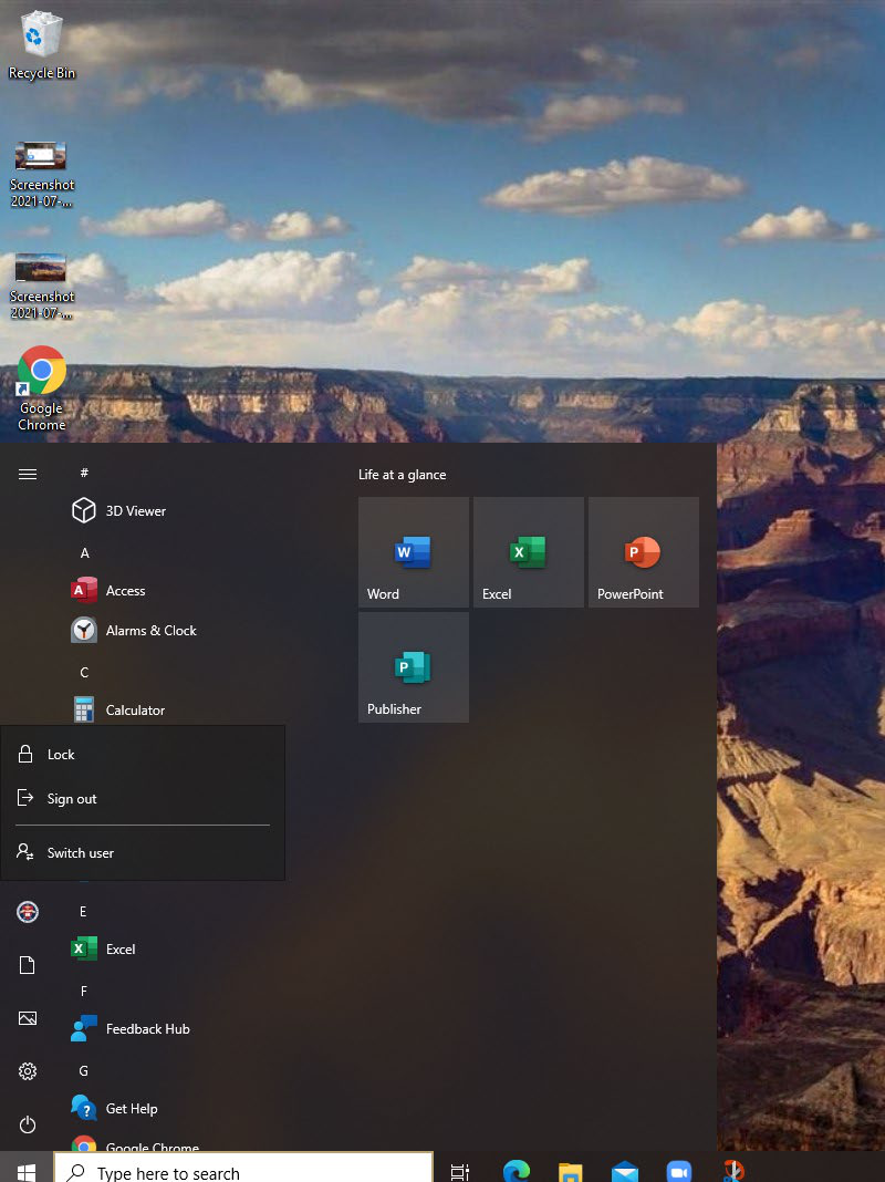 Windows Start menu with Sign out option