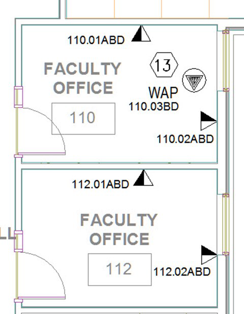 Sample floor plan showing faceplate designations in two faculty offices