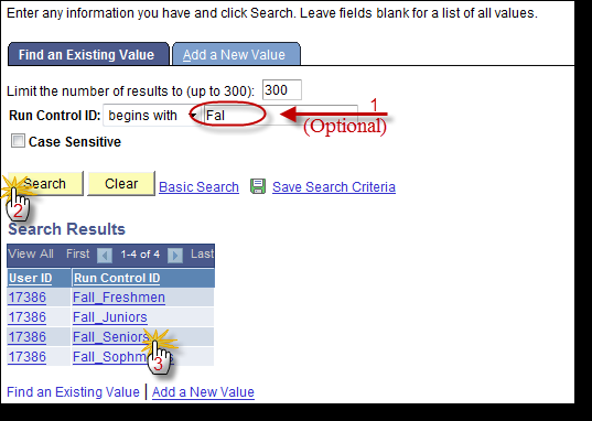 Search page for finding an existing PeopleSoft Run Control ID and selecting a result