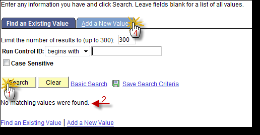 PeopleSoft search page showing no matching values were found