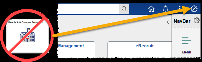 PeopleSoft Campus Solutions tile crossed out with an arrow pointing to the NavBar in the interface