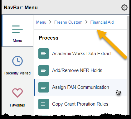 NavBar menu showing breadcrumb navigation path