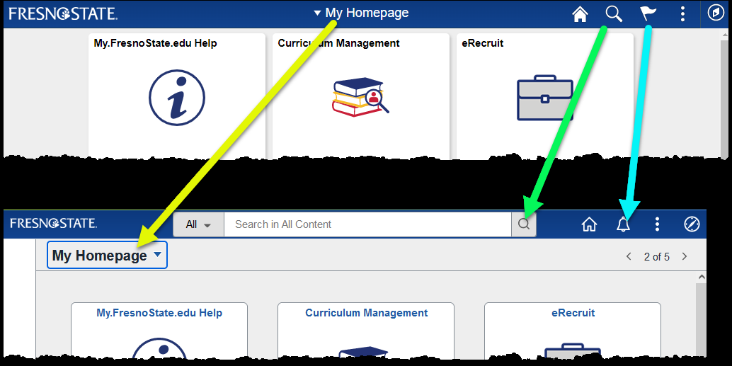 PeopleSoft homepage and NavBar interface showing moved controls and icons