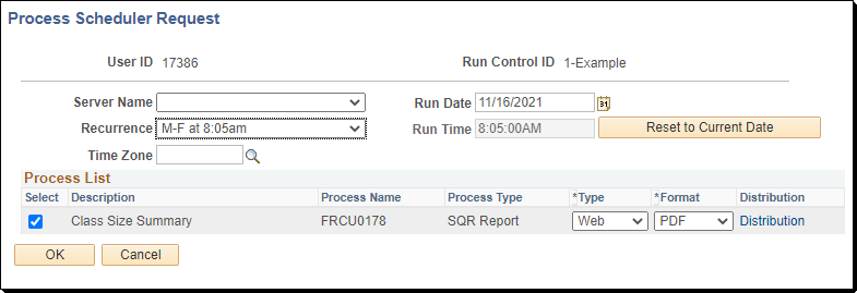 PeopleSoft Process Scheduler Request page showing Run Control ID, Run Date, Run Time, Type, and Distribution fields