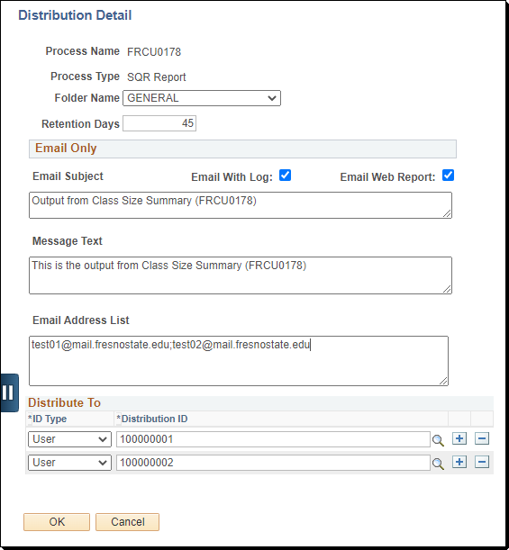 PeopleSoft Distribution Detail page showing Email Web Report, email subject, message text, email address list, and Distribute To fields