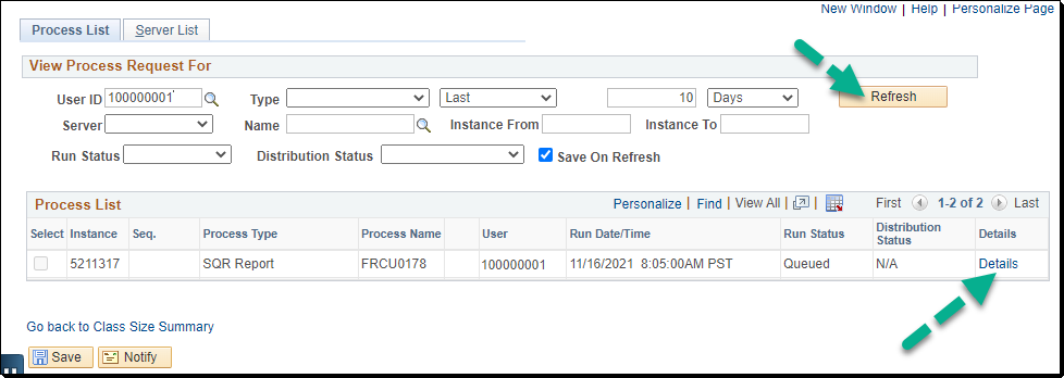 PeopleSoft Process List page with Refresh and Details links