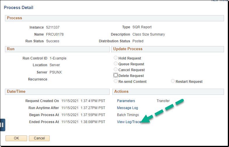 PeopleSoft Process Detail page showing Update Process options and View Log/Trace link