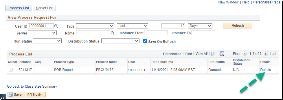 PeopleSoft Process Monitor page showing queued report details and Refresh link