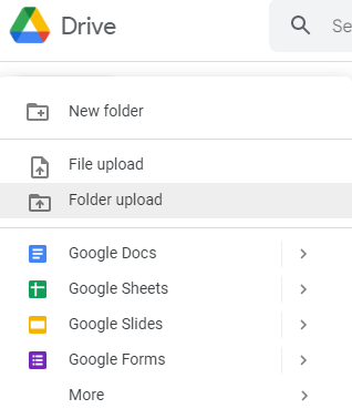 Google Drive upload menu showing new, file upload, and folder upload options