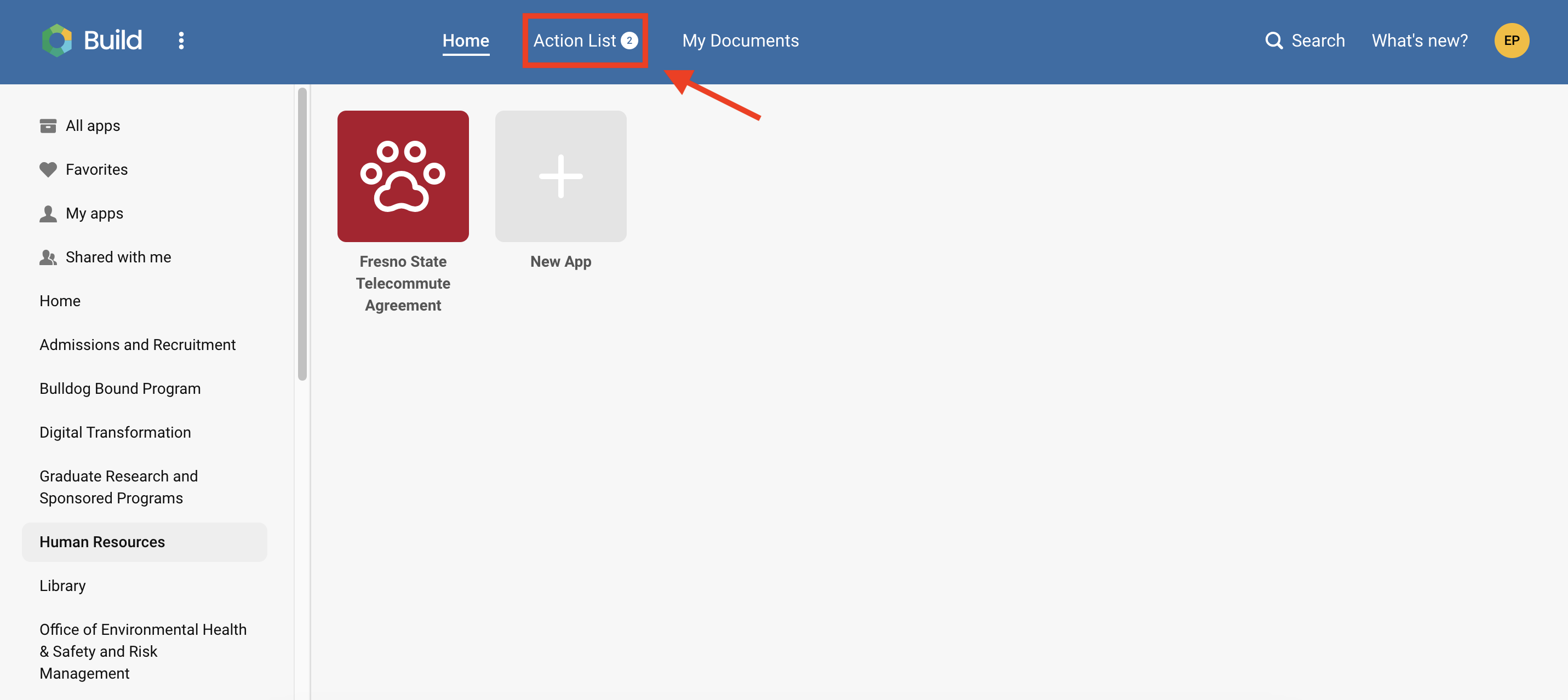 Kuali Build Home Screen. The HR Telecommute Agreement App is displayed. The Action List loacted in the Navigation Panel at the top of the screen is highlighted with an arrow pointing to it. 