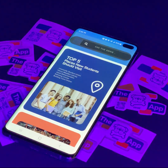 photograph of a mobile phone with the bulldog genie app open on the landing page