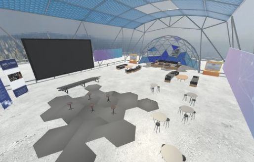 screenshot of the VR world of CSU Cafe - Leading, Partnering, Collaborating