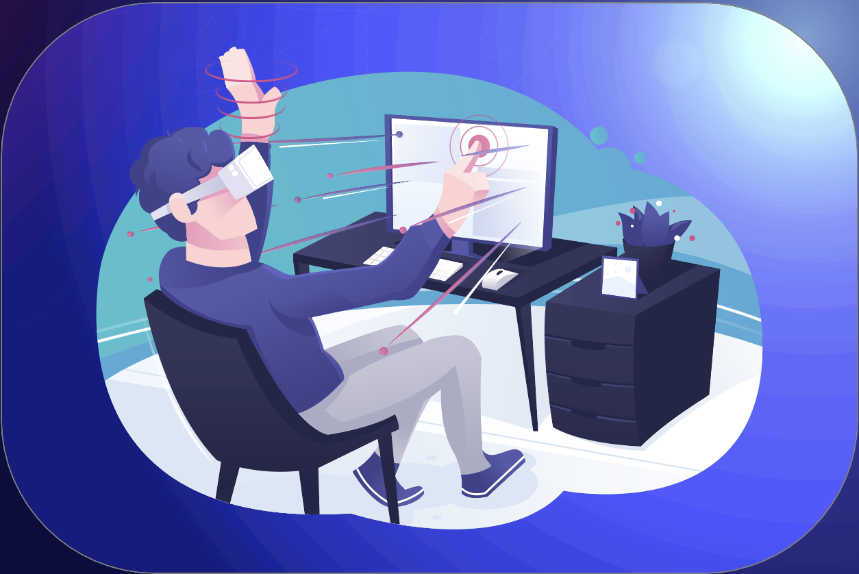 a graphic vector of a person sitting on a chair with the vr on and touching the monitor with their fingers