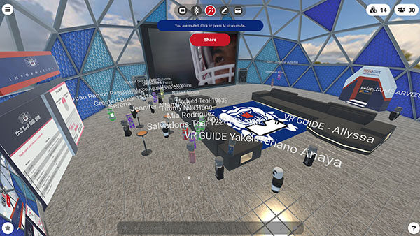 screenshot of the Hubs XR campus filled with DXI members and many other students