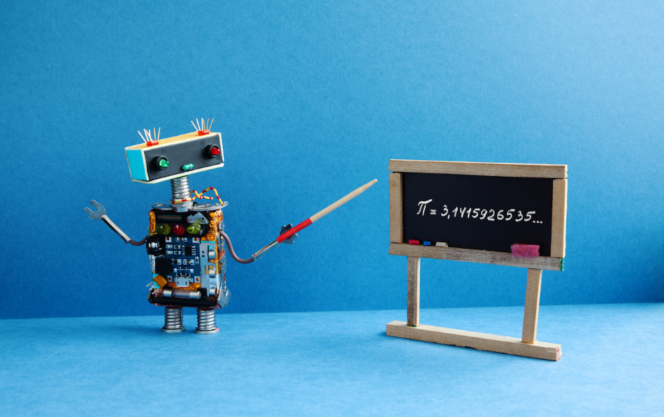 tiny robot pointing at a tiny blackboard that is filled with writings of tiny equations