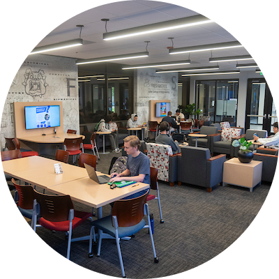 lobby of the engineering building with student studying