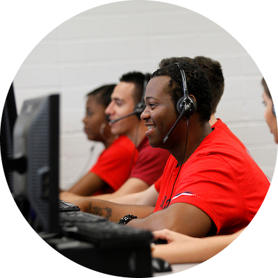4 staff workers with headsets working on call
